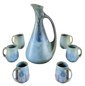 Art Nouveau Flamed Stoneware Liquor Service from Denbac, Set of 7