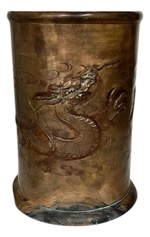 Large Asian Copper Fighting Fire Breathing Winged Dragon Motif Cachepot