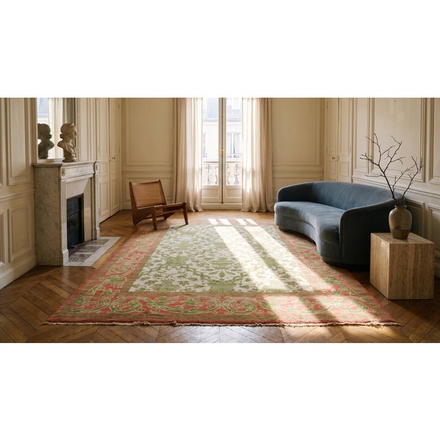 1930s Ivory European Modern Antique Spanish Cuenca Rug 6'6" X 10' Handknotted Wool Carpet For Sale - Image 10 of 11