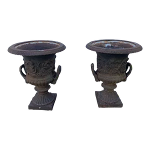 Antique French Iron Garden Urns Planters -A Pair