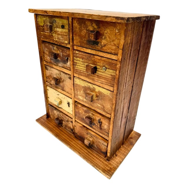 Antique Primitive Ten-Drawer Parts Cabinet, Original Paint For Sale