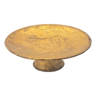Handmade Gold Leaf Metal Pedestal Bowl With Rolled Edge Offering Bowl 11.375" For Sale