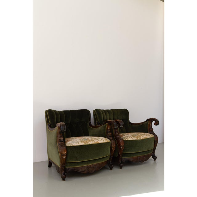 Danish Carved Lounge Chairs in Green Velvet, 1920s, Set of 2 For Sale - Image 10 of 18