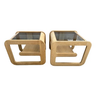 Mid-Century Solid Oak Smoked Glass Top End Side Tables Lou Hodges a Pair For Sale