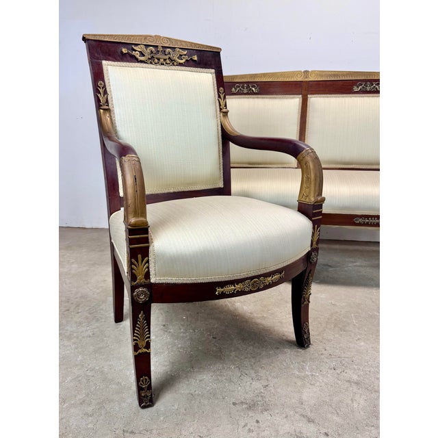 Wood Antique French Empire Parlor Suite Set Settee & King / Queen Armchairs Restored For Sale - Image 7 of 12