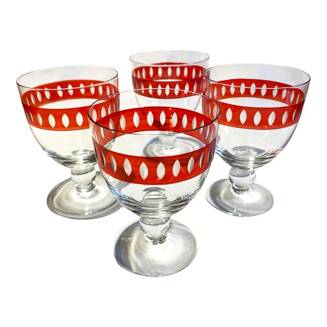 Late 20th Century Art Deco-Style Red Diamond Overlay Goblets, Made in Romania – Set of 4 For Sale