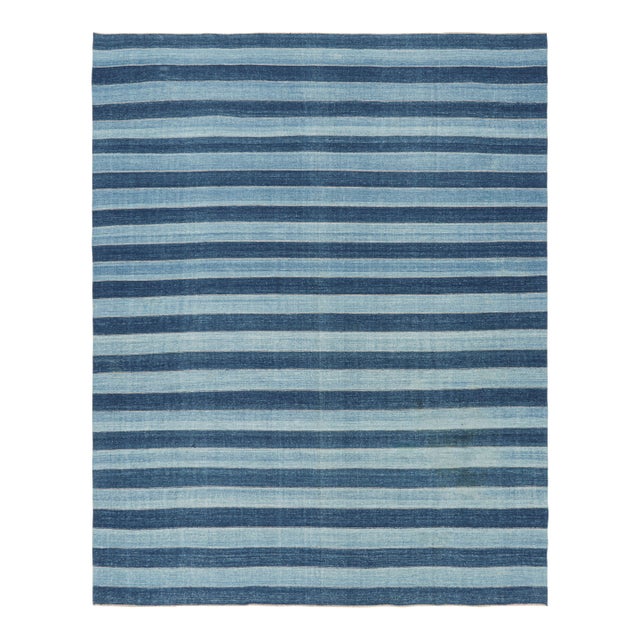 Rug & Kilim's Contemporary Dhurrie Rug in Blue Geometric Stripes - 10x14 For Sale