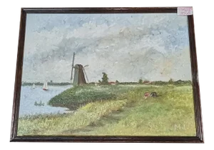 Landscape with Mill, 1950s, Oil on Canvas, Framed