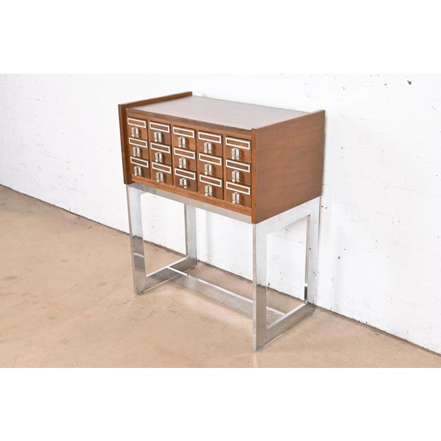 A rare Mid-Century Modern 15-drawer library card catalog or file cabinet USA, Mid-20th Century Walnut, with durable...