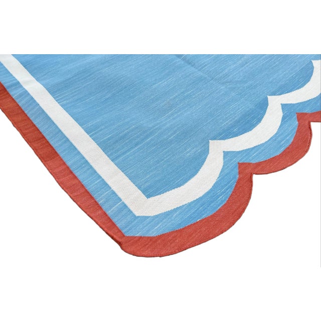 Not Yet Made - Made To Order Handmade Cotton Area Rug Natural Vegetable Dyed Flat Weave Sky Blue Scalloped Rug Terracotta Border - 10'x14' For Sale - Image 5 of 11