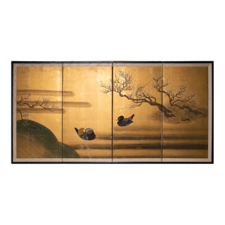 "Mandarin Ducks and Sakura", 1960s Shōwa Era Japanese Byobu Screen For Sale