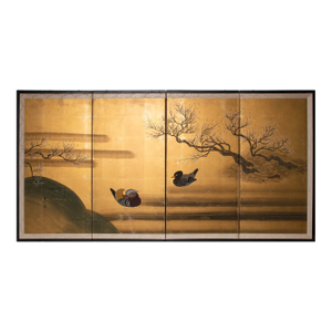 "Mandarin Ducks and Sakura", 1960s Shōwa Era Japanese Byobu Screen