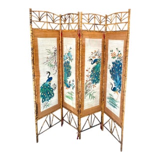 Mid-Century Hand Painted Peacocks Folding Room Divider Screen Tortoise Finish Bamboo. Bohemian, Tiki, Eclectic, Asian Style. For Sale