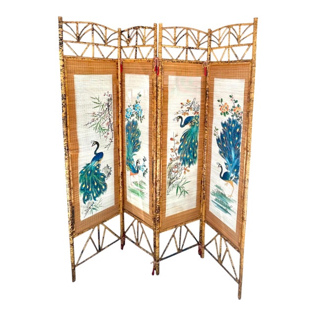 Mid-Century Hand Painted Peacocks Folding Room Divider Screen Tortoise Finish Bamboo. Bohemian, Tiki, Eclectic, Asian Style. For Sale