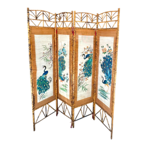 Mid-Century Hand Painted Peacocks Folding Room Divider Screen Tortoise Finish Bamboo. Bohemian, Tiki, Eclectic, Asian Style.