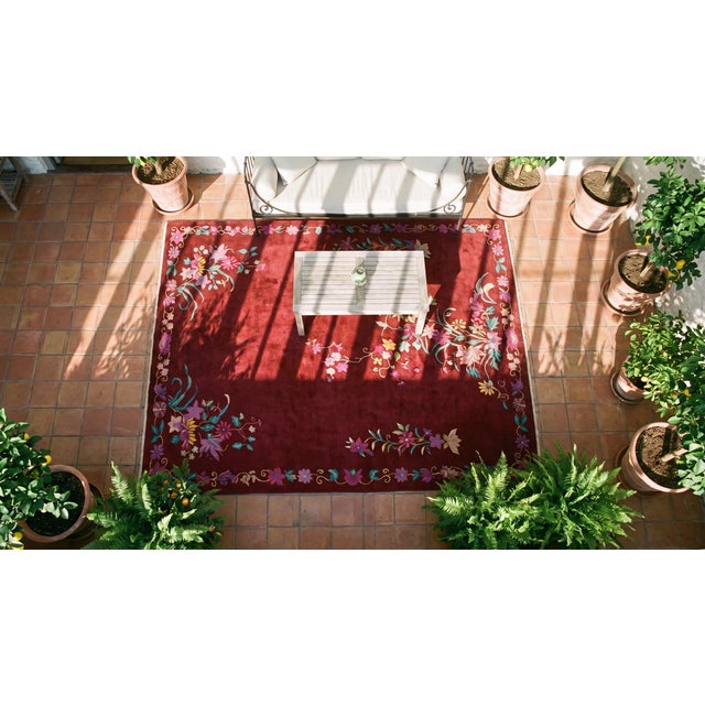1920s Ruby Red Floral Antique Chinese Art Deco Rug 8' 8" X 11' 6" Handknotted Wool Carpet For Sale - Image 9 of 9
