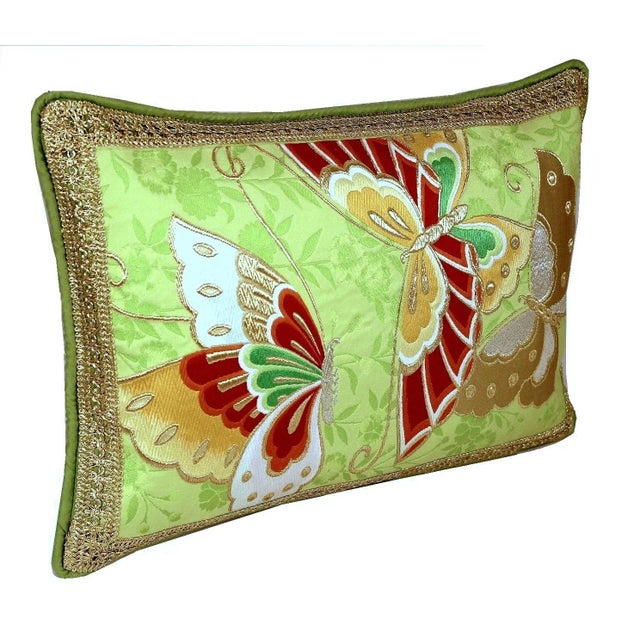 Green Hand-Embroidery Vintage Butterfly Silk Lumbar Pillow Framed With Vintage Guipure Lace and Piping For Sale - Image 8 of 12