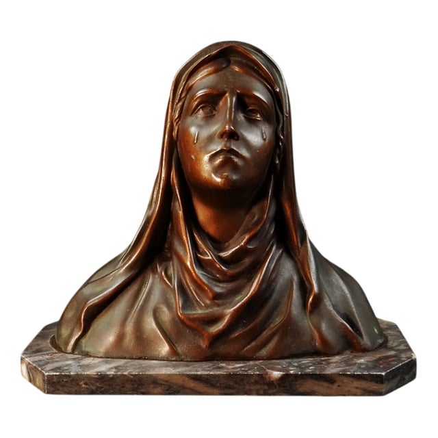 Art Deco Bust of the Tearful Virgin Mary in Spelter on Marble by Oscar Ruffon, 1920s-1940s For Sale