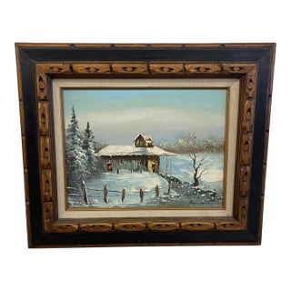Vintage Signed Winter Landscape Oil Painting on Canvas in Hand-Carved Wood Frame, Rustic Snow Cabin Scene.. For Sale