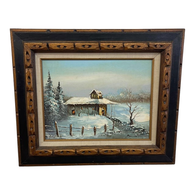 Vintage Signed Winter Landscape Oil Painting on Canvas in Hand-Carved Wood Frame, Rustic Snow Cabin Scene.. For Sale