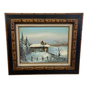 Vintage Signed Winter Landscape Oil Painting on Canvas in Hand-Carved Wood Frame, Rustic Snow Cabin Scene..