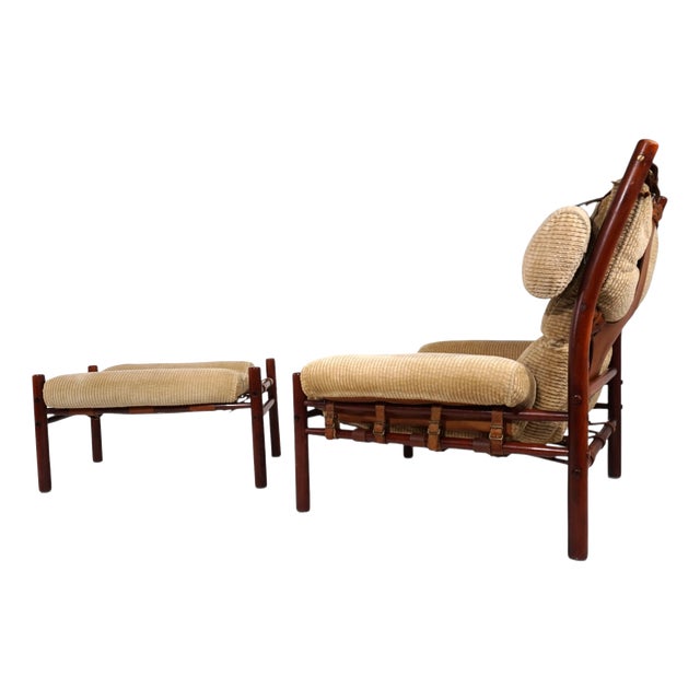 Inca Lounge Chair with Ottoman Corduroy Upholstery from Arne Norell Ab, 1970, Set of 2 For Sale