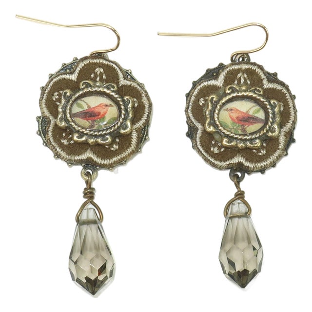 Elements Jill Schwartz Collage Crystal Drop Earrings With Bird Motif For Sale