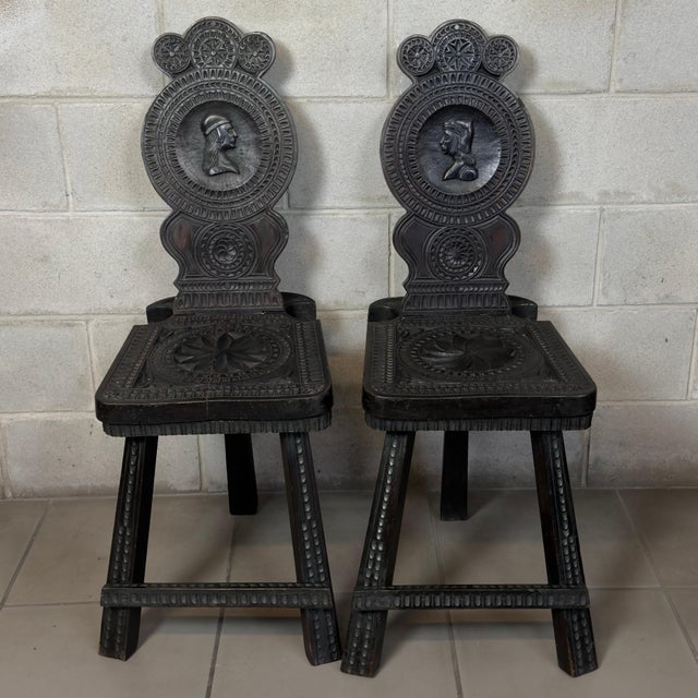 Antique Neo-Renaissance Black Carved Wood Chairs, 19th Century, Set of 2 For Sale - Image 5 of 11