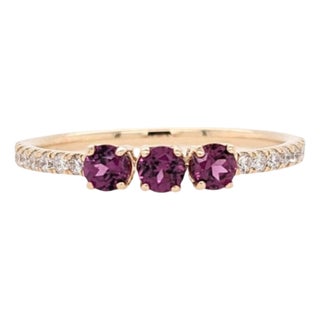 Rhodolite Garnet Band With Natural Diamonds Accents: Solid 14k Gold, Round 3mm, Size 6.75 For Sale