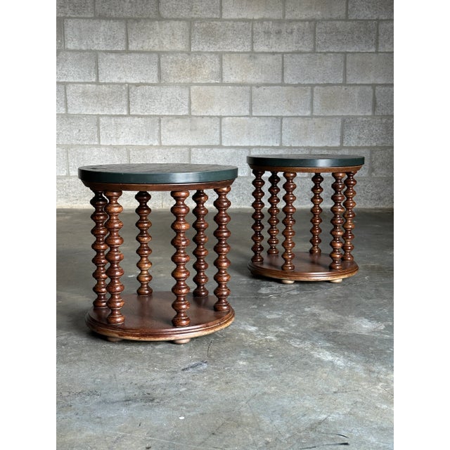 Mid-Century Modern 1970s American Modernist Designer Spool and Slate Side Tables by Henredon Custom Folio Three - a Pair For Sale - Image 3 of 12