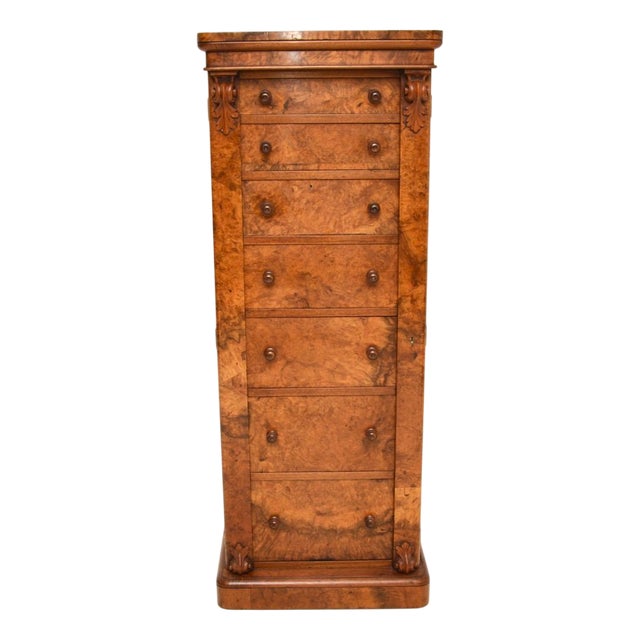 Victorian Wellington Chest of Drawers in Burr Walnut, 1850s For Sale