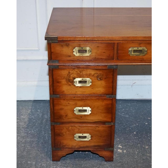 Vintage Military Campaign Twin Pedestal Desk in Yew Wood For Sale - Image 3 of 18