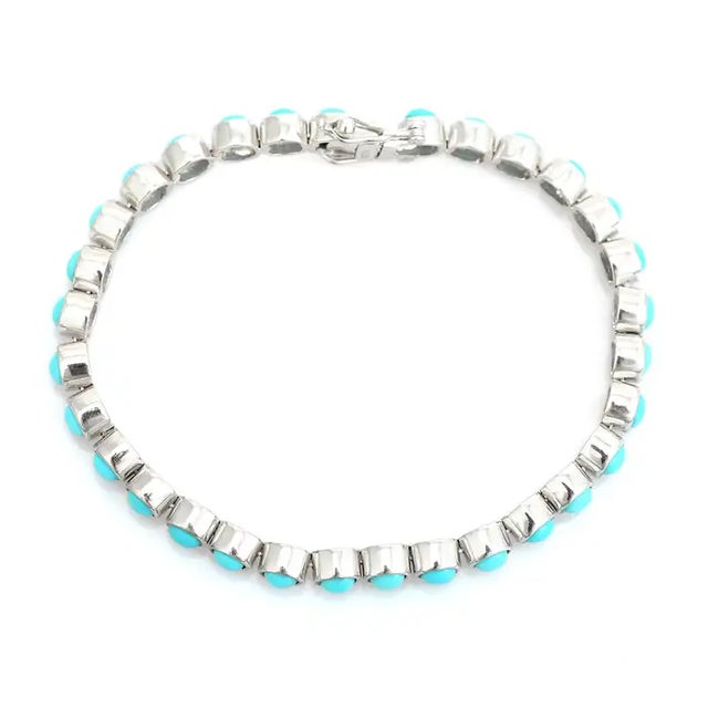 925 Silver Cushion Cut Turquoise Bezel Set Tennis Bracelet- Birthday Gifts for Him For Sale - Image 6 of 8