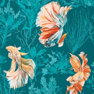 Harlequin Halfmoon Wallpaper in Azurite/ Coral For Sale