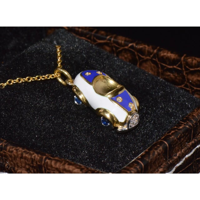 Designer Aaron Basha Natural Diamond Sapphire & Enamel Solid 18k Gold Luxury Car Charm Pendant For Sale - Image 11 of 11