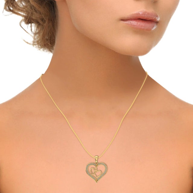 Modern 10K Yellow Gold Round Diamond Womens Double Heart Pendant 1/8 Cttw For Sale - Image 3 of 3
