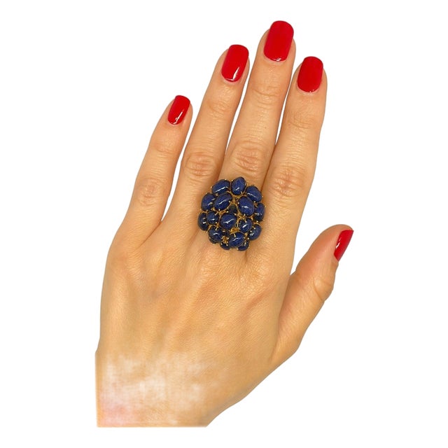 Bochic "Orient" Vintage Blue Sapphire Vintage Cluster Ring Set 18K Gold & Silver For Sale