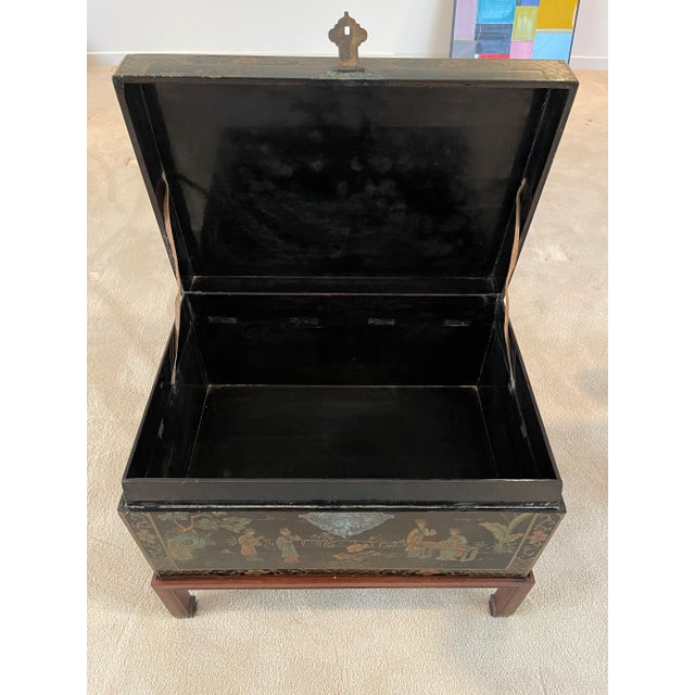 Late 20th Century Antique Chinese Hand Painted Pigskin Trunk, Black Lacquer For Sale - Image 4 of 11