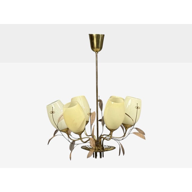 Paavo Tynell, Finnish Mid-Century Modern, Chandelier, Milk Glass, Brass, Finland, 1950s Rare example of a model 9029/6...