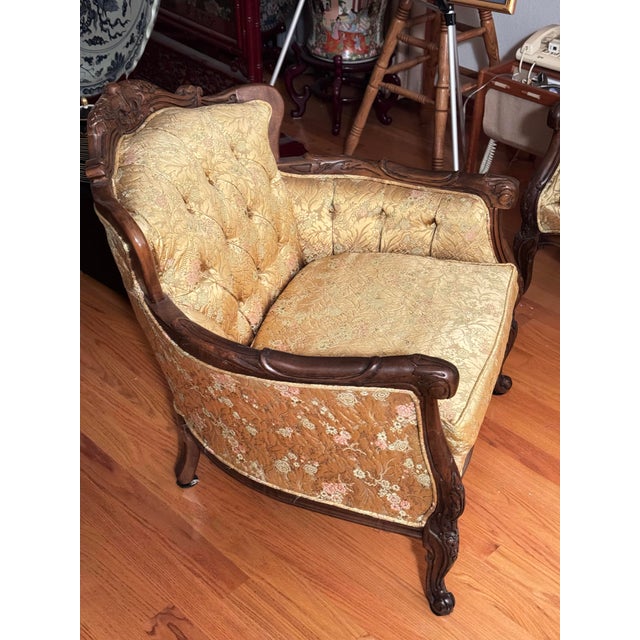 Vintage French Provincial/Louis XV Style Carved Wood Sofa and Armchairs – Set of 3 For Sale In Los Angeles - Image 6 of 12