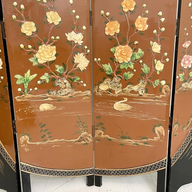 Chinoiserie and Black Lacquer Four-Panel Folding Screen Room Divider, 1930s For Sale - Image 17 of 18