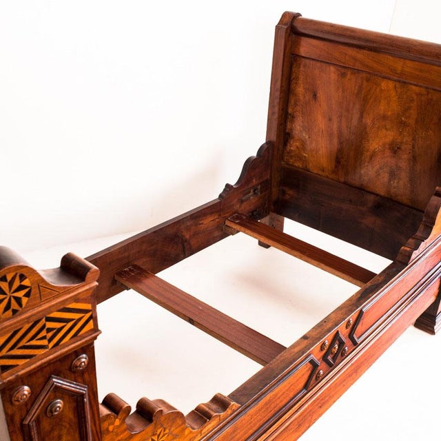 Brown Walnut Single Bed with Marquetry Details, France, 1930s For Sale - Image 8 of 18