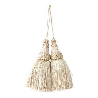 Pair of Key Tassels in Cream With Looped Ruche Trim For Sale