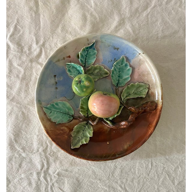 Pair of Vintage 19th Century French Ceramic Barbotine Wall Platters With Apples and Pears. Colorful, antique Majolica...