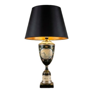 Large Vintage Hand-Painted Chinoiserie Black Lacquer Urn Table Lamp For Sale