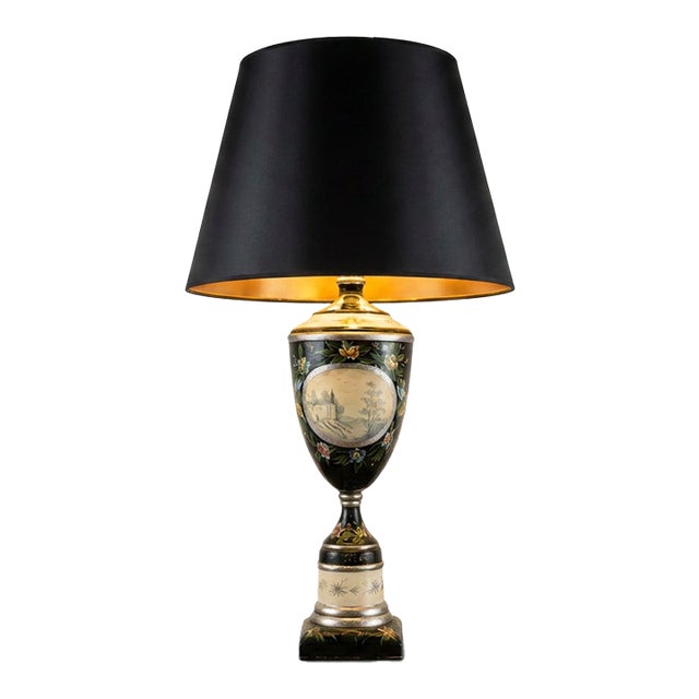 Large Vintage Hand-Painted Chinoiserie Black Lacquer Urn Table Lamp For Sale