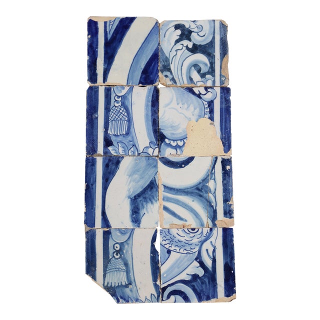 Antique 18th Century Portuguese Baroque Tiles With Ornamental Scrollwork & Tassel Details, Set of 8 For Sale