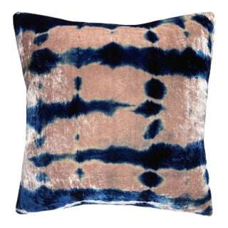 Rousseau Hand Dyed Silk Velvet Pillow, Rose Pink & Indigo Blue Pleat Abstract Pattern For Sale