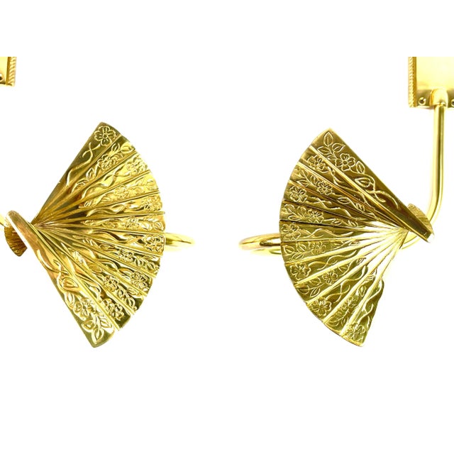 Vintage Gold Brass Fan Curtain Drapery Holdback Sconces Dimensions: 8.5”.w x 6” d x 11” h