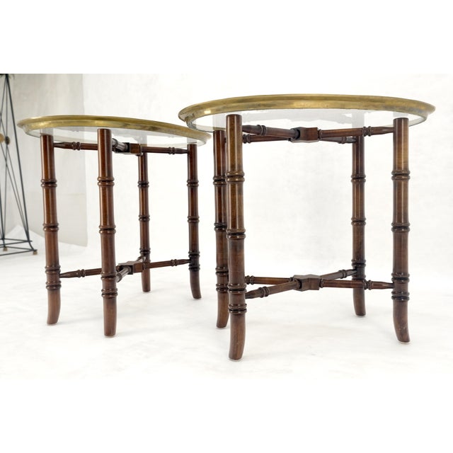 Pair Oval Brass Gallery Glass Top Faux Bamboo Bases End Side Tables Stands MINT For Sale - Image 15 of 16